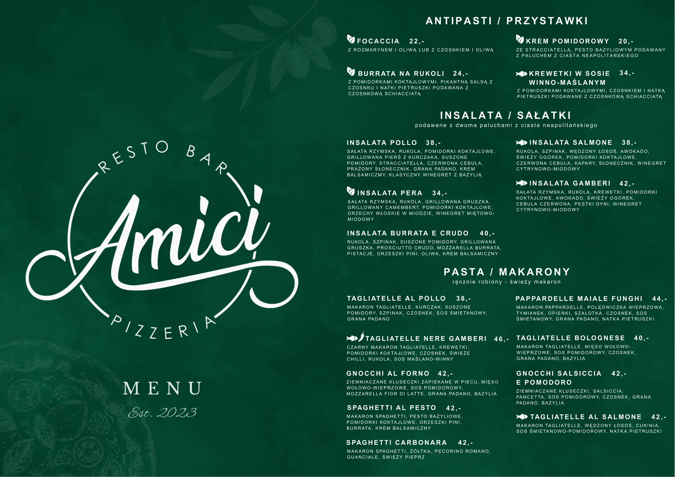 Menu — przystawki, sałatki, makarony